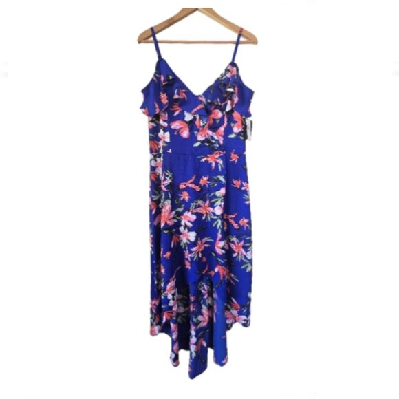 IZ Byer NWT Floral Hi Low Dress Size XL Faux Wrap Ruffle - Picture 2 of 10